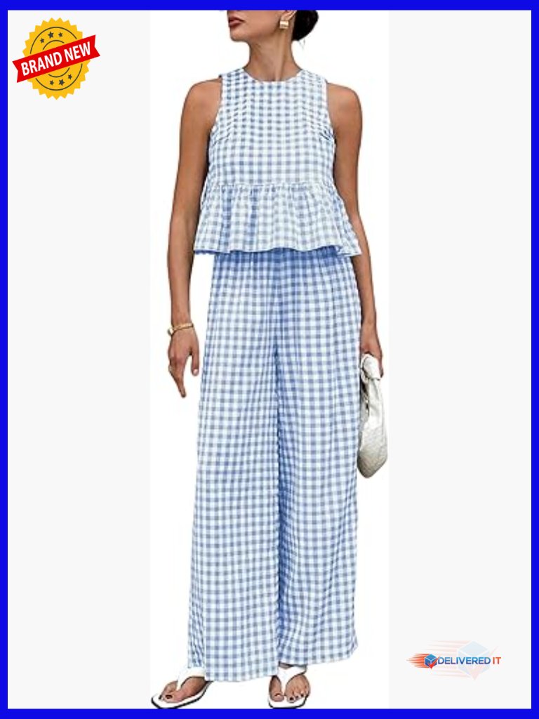 2 Piece Outfits Sets Gingham Sleeveless Ruffle Tank Wide Leg Pants Matching
